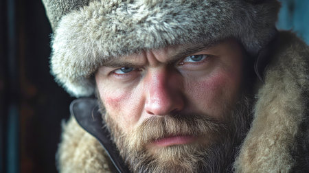 A bearded man in a wadded winter hat stars intensely, showcasing the rugged character and hardships faced by prisoners in a cold, unforgiving environment.の素材