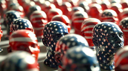 An artistic arrangement featuring human heads adorned with American flag designs, offering a thought-provoking commentary on identity and patriotism in a striking visual format.の素材