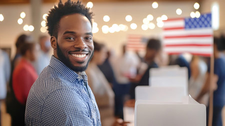 A joyful man casts his vote in a lively polling station filled with people and American flags, celebrating the essence of democracy.の素材
