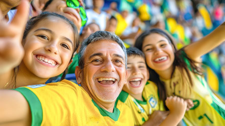 Excitement fills the air as a South American family shares joyful moments, cheering enthusiastically for their soccer team amidst a sea of vibrant colors.の素材