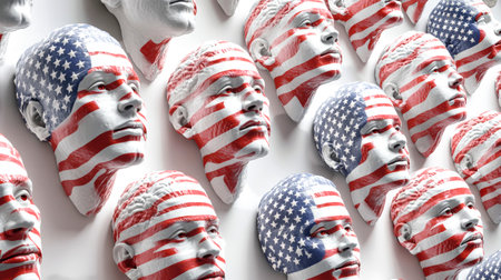 An artistic arrangement showcases numerous human heads painted with an abstract American flag pattern, reflecting the diversity and unity of the USA.の素材