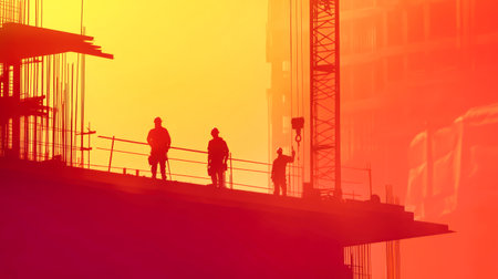 Silhouettes of workers are seen diligently constructing a building, set against a striking red and yellow gradient sky during twilight hours.の素材