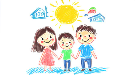 A happy family stands united outside their house, holding hands and smiling under a bright sun, captured in a charming and whimsical chalk drawing.の素材