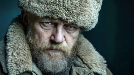 A rugged, bearded figure dons a heavy winter hat, emanating strength and endurance, reflective of a harsh past within the confines of a camp.の素材