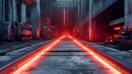 Glowing steel beams align on the hot-rolling mill, radiating warmth in the heart of a dynamic steel plant during an active production cycle.の素材
