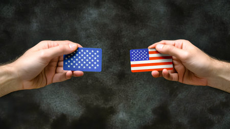 Two hands display red and blue cards with American flag patterns, symbolizing political choices and unity in the electoral process against a starry backdrop.の素材