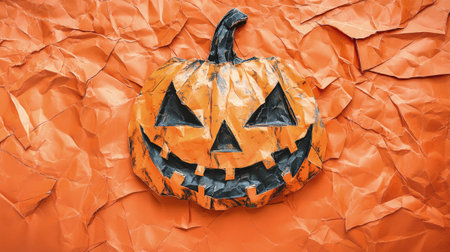 A vibrant jack o'lantern face comes to life on textured orange paper, celebrating the enchanting spirit of Halloween with a distinctive and creative flair.の素材