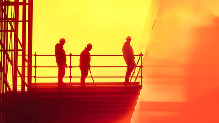 Amidst a vibrant gradient sky, construction workers are seen as silhouettes, diligently building a steel structure, embodying hard work and determination.の素材
