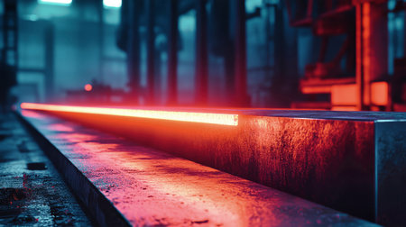 Glowing steel beams heat up as they align on the rolling mill, casting a warm light across the industrial landscape during dawn.の素材