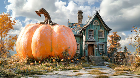 A fantastical Halloween house featuring a massive pumpkin, surrounded by colorful fall foliage, evokes a magical atmosphere of the season.の素材