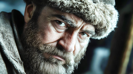 A Soviet prisoner, clad in a wadded winter hat with earflaps, reveals a mix of toughness and vulnerability, evoking the struggles of survival in a gritty environment.の素材