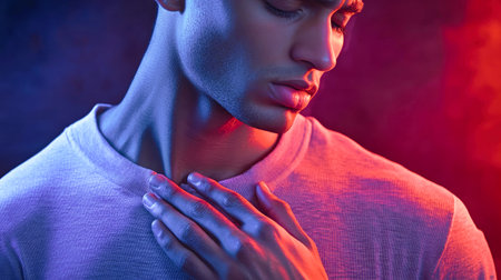 A man embodies struggle as he clutches his chest in pain, set against vivid red and blue hues, symbolizing both and physical distress.の素材