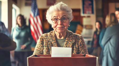 An elderly woman enthusiastically casts her ballot at a lively polling station, embodying the spirit of democracy and community engagement among fellow voters.の素材