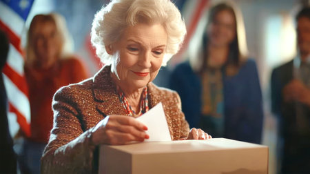 An elderly woman expresses her civic duty by placing her ballot into the box, surrounded by smiling supporters and patriotic decorations, embodying the spirit of democracy.の素材