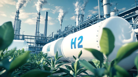 White hydrogen tanks are nestled among gas pipelines and lush green leaves, showcasing a modern hydrogen production factory under a clear sky.の素材