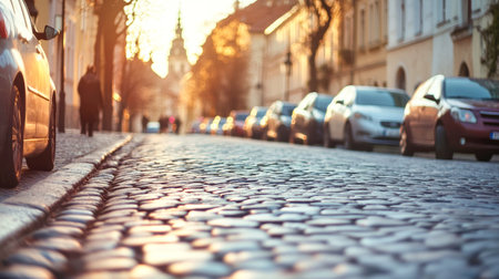 Travelers wander down charming cobblestone streets as the sun sets, immersing themselves in local culture while enjoying unique culinary experiences in Europe.の素材