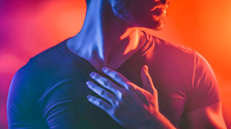 A distressed man clutches his chest, overwhelmed by pain, set against a striking gradient backdrop of red and blue, evoking deep emotions.の素材