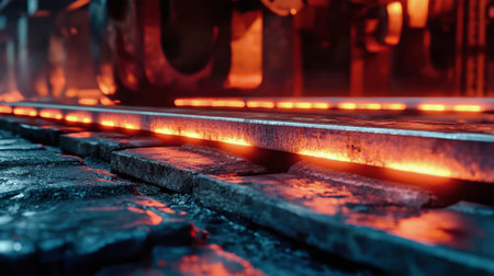 Bright red light radiates from glowing steel beams as they are aligned and processed in a hot-rolling mill, showcasing the intensity of metalworking.の素材