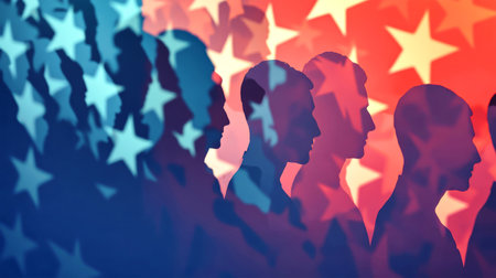 A dynamic display of silhouettes representing unity, set against a striking American flag backdrop that captures the essence of patriotism and cultural diversity.の素材