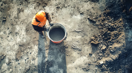 A dedicated worker expertly combines cement using an electric mixer in a bucket, surrounded by rough concrete, capturing the essence of hard work in construction.の素材