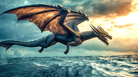 A magnificent dragon glides over roaring ocean waves as sunset casts a golden glow, bridging sky and sea in an enchanting display of mythical wonder.の素材