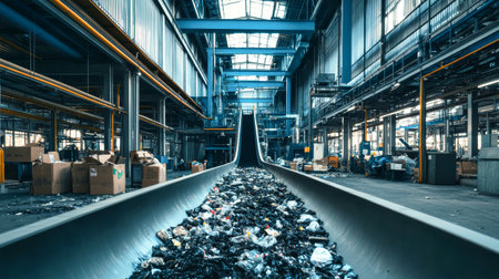 The industrial site features a bustling recycling operation where waste is sorted and processed on a conveyor belt made for sustainability.の素材
