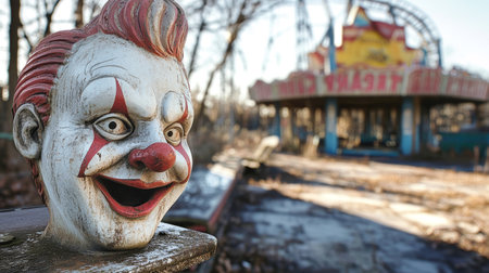 Wander through a deserted amusement park, where dilapidated roller coasters loom and unsettling clown statues watch from the shadows, evoking a sense of nostalgia.の素材
