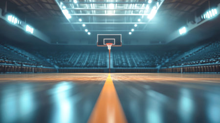 The basketball rests on the smooth court floor of an empty arena, showcasing a beautifully rendered backboard and distant stands filled with potential energy.の素材