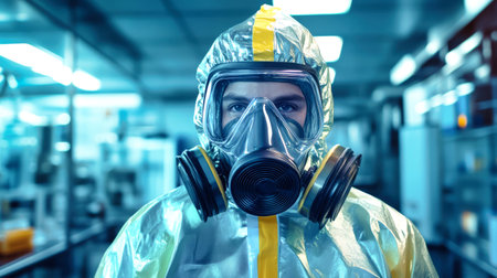 A man stands confidently in an industrial hazmat suit with a gas mask, surrounded by advanced lab equipment, reflecting LED lights in the dimly lit space.の素材