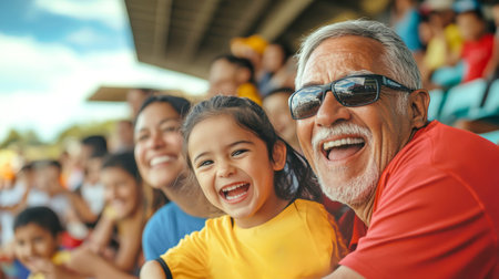 A spirited family gathers at a lively soccer match, cheering enthusiastically as they share laughter and excitement, united by their love for the game.の素材