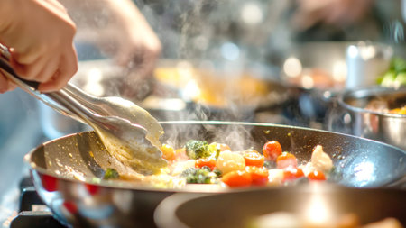 In a warm kitchen filled with natural light, people of all ages joyfully experiment with fresh ingredients while learning new cooking techniques together.の素材