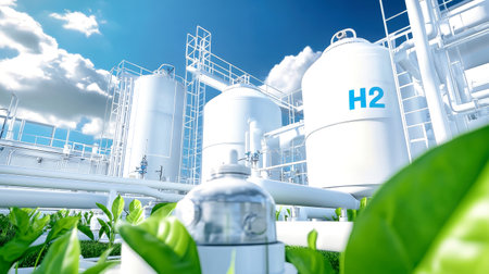 Cylindrical tanks marked with H2 rise amidst vibrant green leaves, showing a cutting-edge hydrogen production facility bathed in bright daylight.の素材