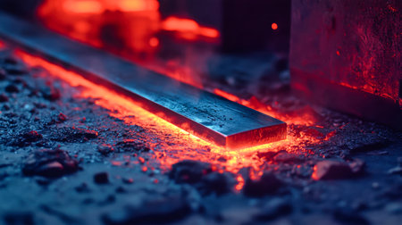 Bright red steel glimmers as it touches the floor, creating an enchanting contrast with the rustic industrial environment.の素材