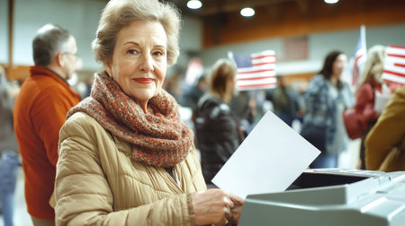 An elderly woman proudly participates in the democratic process, casting her paper ballot at a polling station filled with fellow voters and flags.の素材
