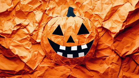 A vibrant orange crumpled paper forms a textured backdrop for a whimsical black jack-o'-lantern face, perfect for celebrating the Halloween spirit.の素材