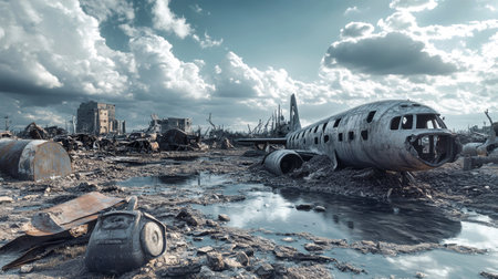 Amidst the wreckage of a fallen world, remnants of aircraft and abandoned structures emerge from a murky landscape, captured under an overcast sky.の素材