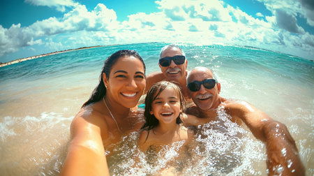 A lively Latino family enjoys a sunny beach day, laughing and playing in the water, making cherished memories across generations in a picturesque setting.の素材