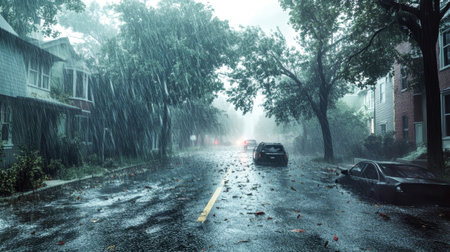 Heavy rain lashes the city streets while fierce winds topple trees onto houses; water rises as nature unleashes its fury during a powerful hurricane.の素材