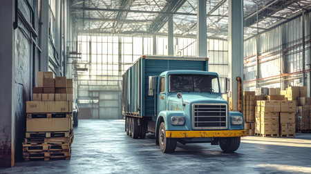 A blue truck sits idle in an expansive warehouse, its door ajar, revealing a pallet of packed boxes as sunlight filters through high windows.の素材