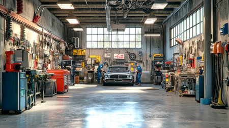 Mechanics expertly work on vehicles in a vibrant auto repair shop filled with tools and equipment, embodying the essence of hands-on automotive care.の素材