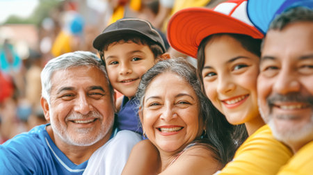 A cheerful gathering of a South American family enjoying the electric atmosphere at a soccer match, filled with shared laughter and vibrant energy.の素材