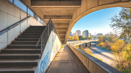 A vibrant cityscape comes to life beneath an arched steel bridge, featuring pedestrian stairs for easy access and a clear blue sky overhead.の素材