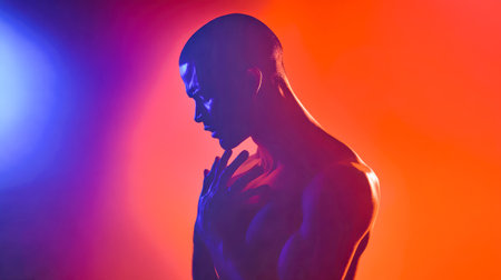 A man clutches his chest in anguish, silhouetted by sunlight, showing the stark reality of heart disease with a striking gradient background that captivates.の素材