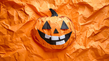 A playful jack o' lantern smiley face decorates a piece of crumpled orange paper, adding a touch of Halloween whimsy to the rustic backdrop and inviting festive spirits.の素材
