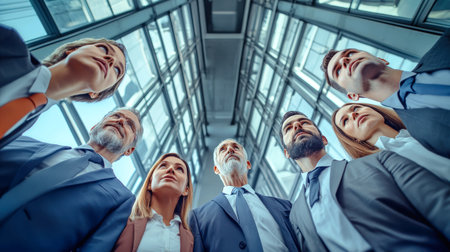 Business professionals gather in a contemporary office building, looking up at the sleek glass structure, embracing a moment of inspiration and collaboration.の素材