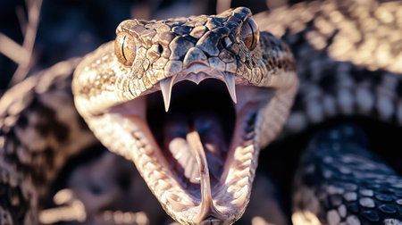 The rattlesnake displays its menacing open mouth and fangs, ready to attack, showcasing intricate scales against a soft, blurred backdrop.の素材