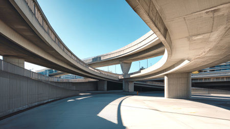 A sleek modern bridge showcases curved girders and concrete pathways linking two bustling roads across a river while basking in bright sunlight.の素材