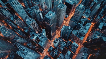 Twilight reveals a breathtaking aerial perspective of a bustling modern city with sleek skyscrapers and illuminated streets, capturing the urban vibrancy below.の素材