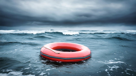 A red inflatable lifebuoy drifts in rough ocean waters beneath a dark, stormy sky, representing hope and safety during challenging maritime conditions.の素材