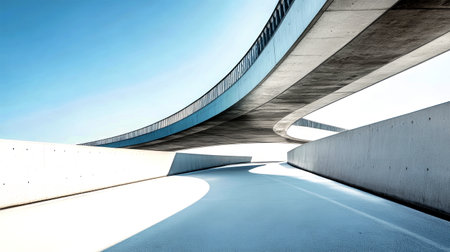 Curved metal structures connect two busy roads across a river under clear blue skies, showcasing modernist design and intricate details in the architecture.の素材